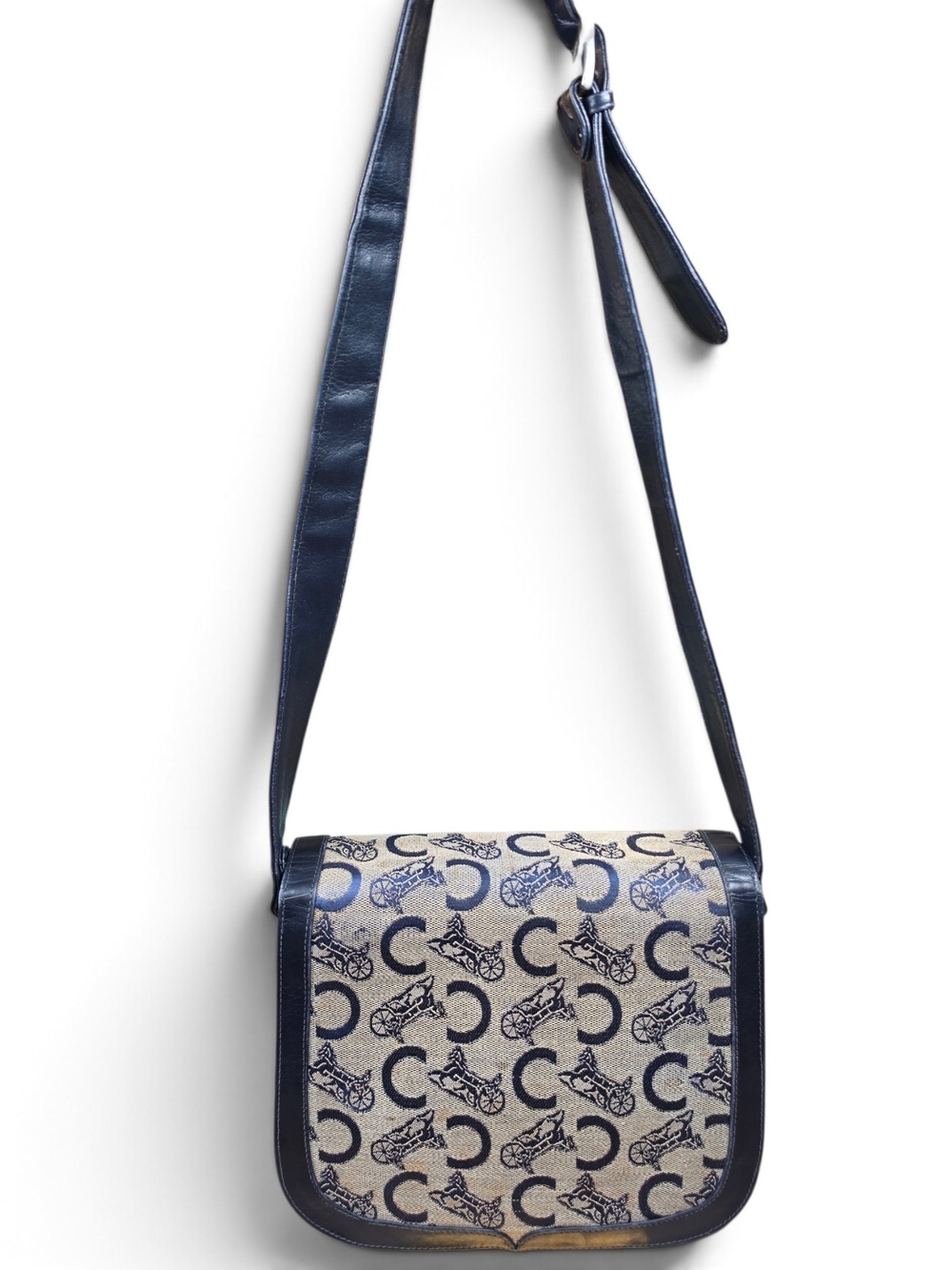 Vtg. CELINE C Sulky Horse & Carriage Jacquard Navy Canvas Purse (Retail $1500+) - Picture 14 of 17